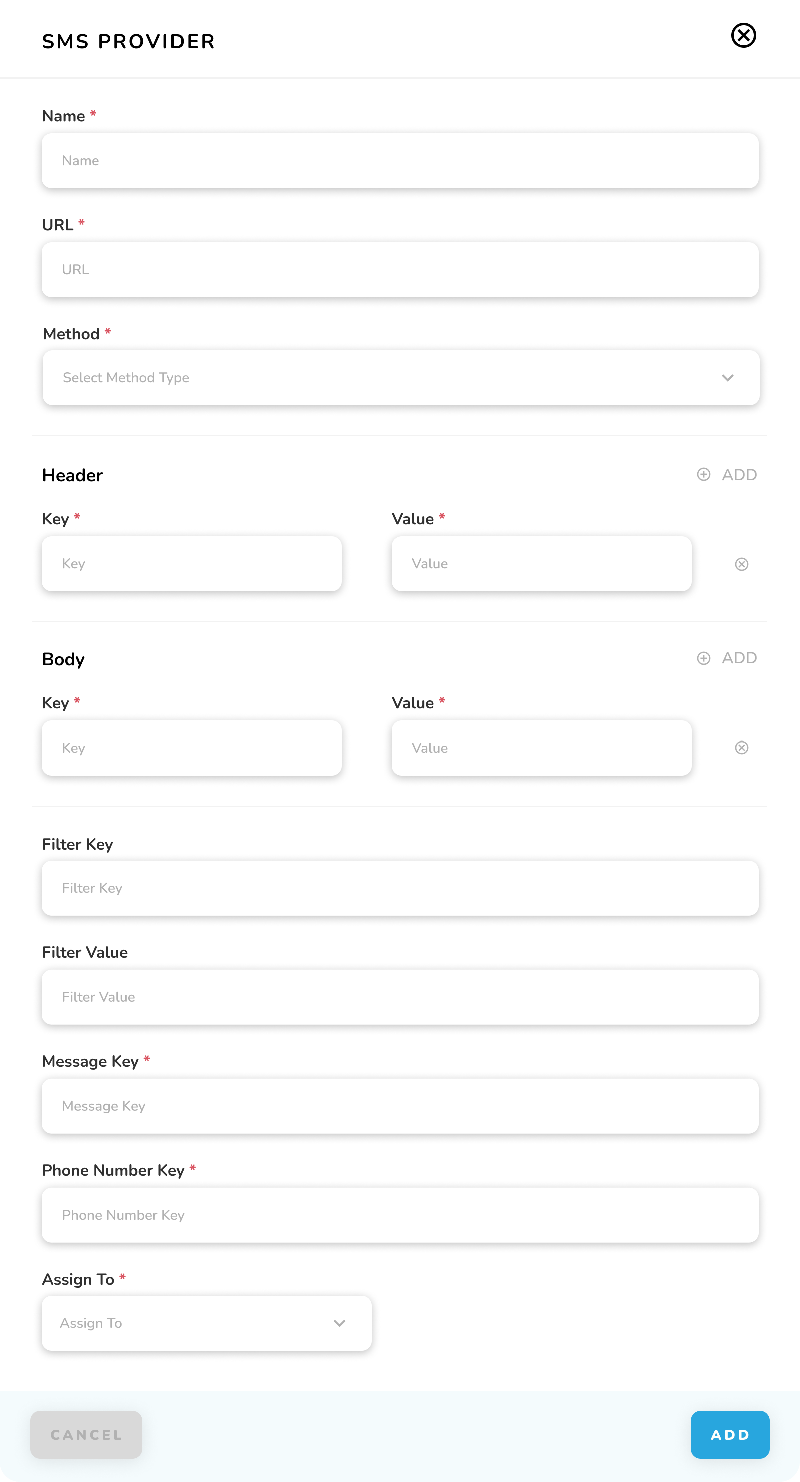 SMS Provider - Add Popup